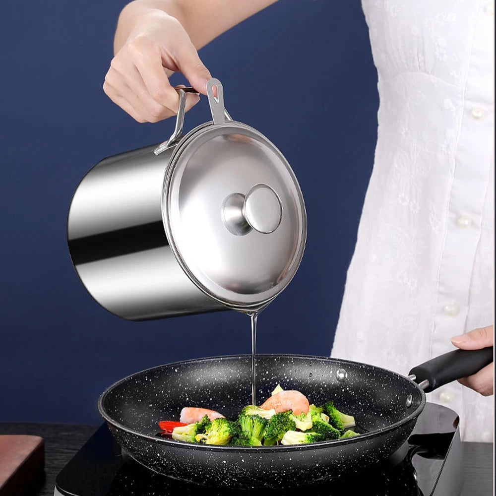 Grease Container Oil Pot With Fine Mesh Strainer Oil Storage Pots Bacon Strainers Stainless Steel Can For Frying Storage
